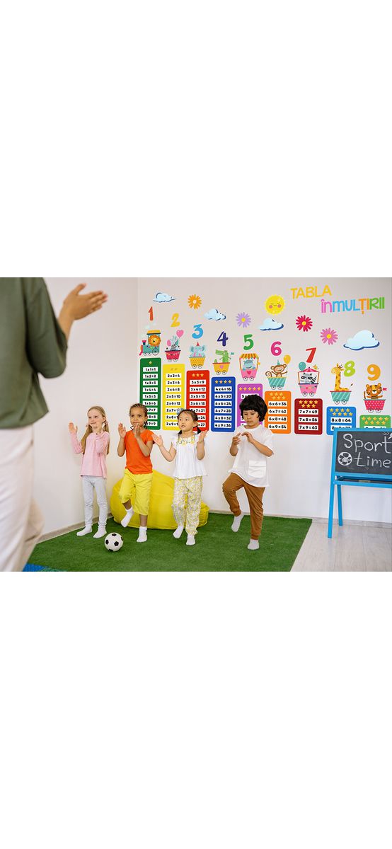 Sticker educativ cu tabla înmulțirii și personaje colorate, decorațiune pentru școli și grădinițe, 100x210 cm, racletă de aplicare inclusă