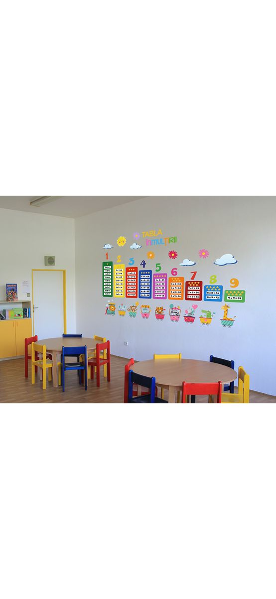 Sticker educativ cu tabla înmulțirii și personaje colorate, decorațiune pentru școli și grădinițe, 100x210 cm, racletă de aplicare inclusă