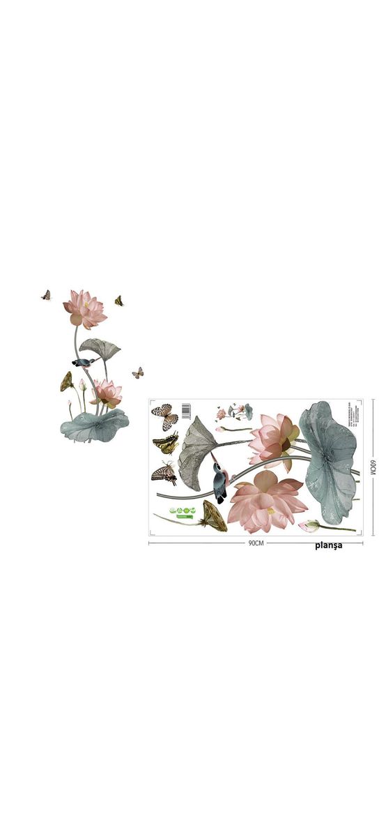 Sticker flori nufăr roz pal, Folina, decor floral cu fluturi şi păsări, 120 cm înălţime