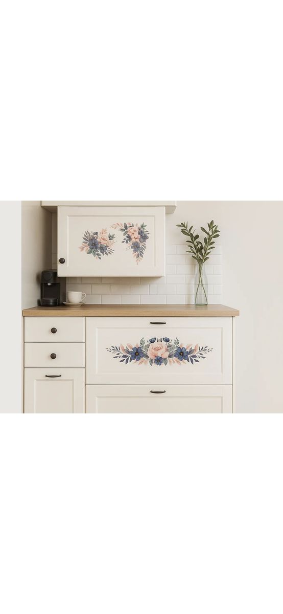 Set 5 stickere flori albastru închis şi roz somon, decoraţiune pentru perete şi mobilă