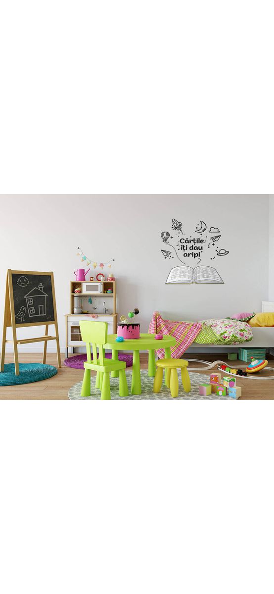 Sticker cu mesaj Cărţile îţi dau aripi, Folina, culoare la alegere, planșă medie 45cm, racletă de aplicare inclusă