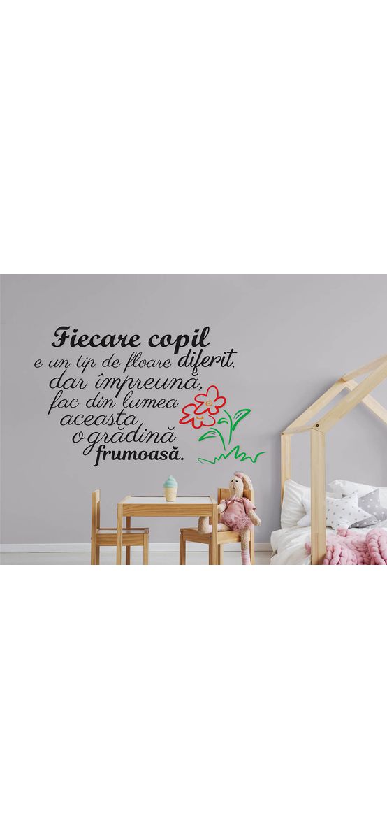 Sticker motivaţional Fiecare copil, Folina, text negru, planșă mare de 65x95 cm, racletă de aplicare inclusă