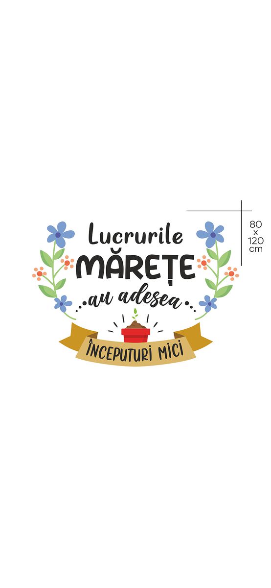 Sticker cu mesaj 'Lucrurile mărețe au adesea începuturi mici', decorațiune pentru școli și gradinițe sau camera copiilor, 80x120 cm, racletă de aplicare inclusă