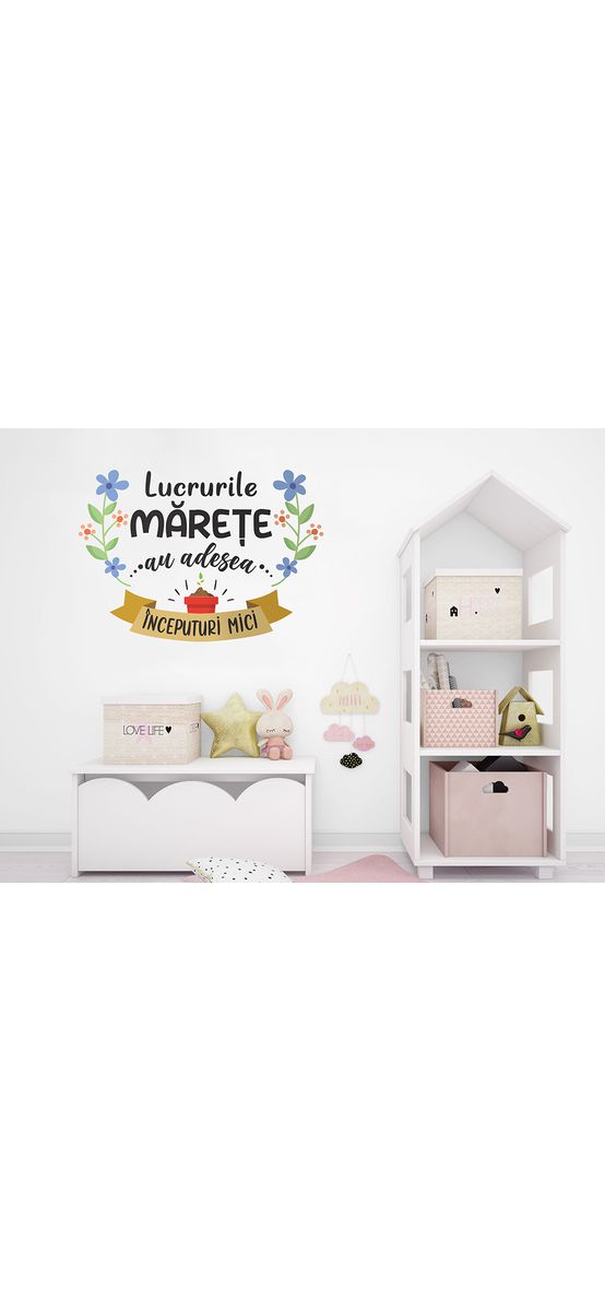 Sticker cu mesaj 'Lucrurile mărețe au adesea începuturi mici', decorațiune pentru școli și gradinițe sau camera copiilor, 80x120 cm, racletă de aplicare inclusă