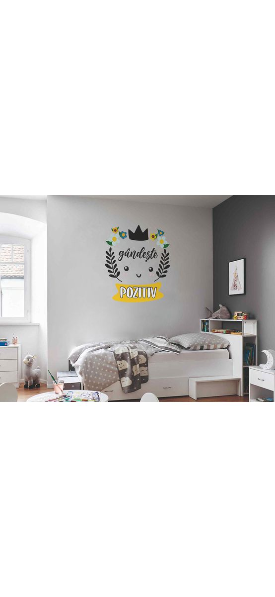 Sticker cu mesaj motivațional 'gândește pozitiv', decorațiune pentru școli și grădinițe sau camera copiilor , 93x100 cm, racletă de aplicare inclusă