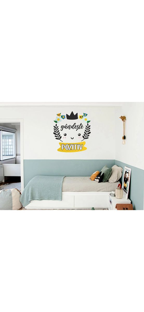 Sticker cu mesaj motivațional 'gândește pozitiv', decorațiune pentru școli și grădinițe sau camera copiilor , 93x100 cm, racletă de aplicare inclusă