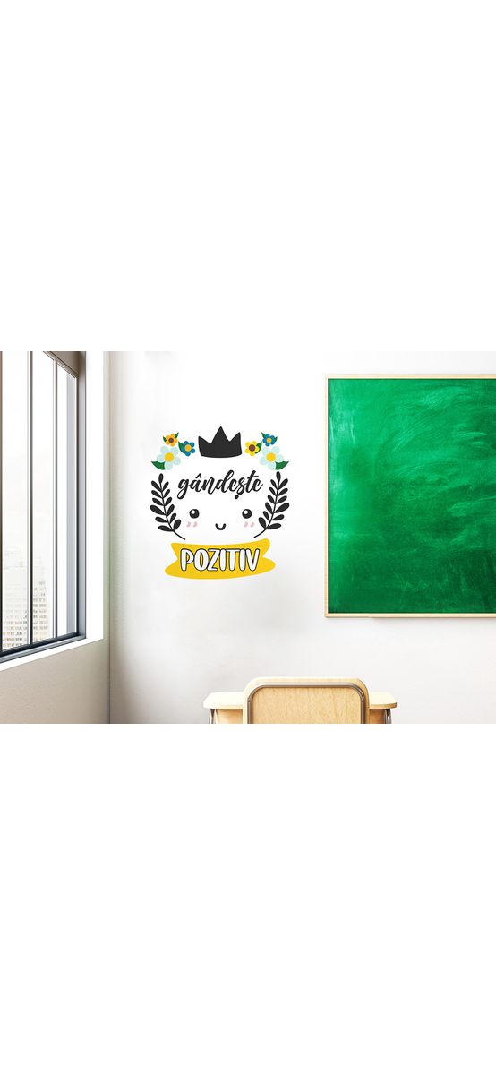 Sticker cu mesaj motivațional 'gândește pozitiv', decorațiune pentru școli și grădinițe sau camera copiilor , 93x100 cm, racletă de aplicare inclusă