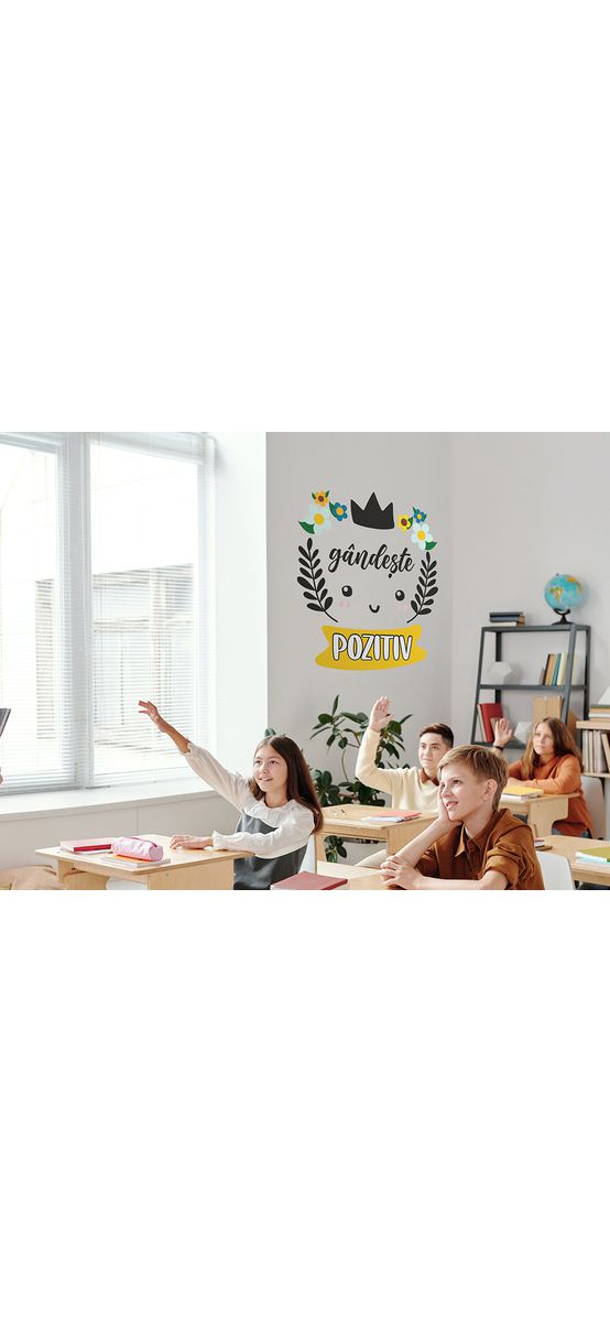 Sticker cu mesaj motivațional 'gândește pozitiv', decorațiune pentru școli și grădinițe sau camera copiilor , 93x100 cm, racletă de aplicare inclusă
