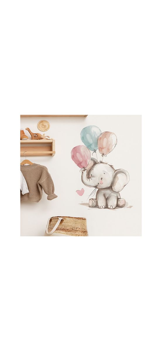 Sticker cameră bebe, Micul elefant cu baloane, decor perete şi mobilă, 60x40 cm