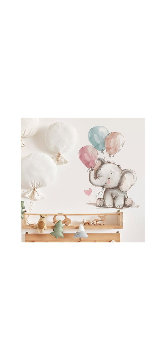 Sticker cameră bebe, Micul elefant cu baloane, decor perete şi mobilă, 60x40 cm