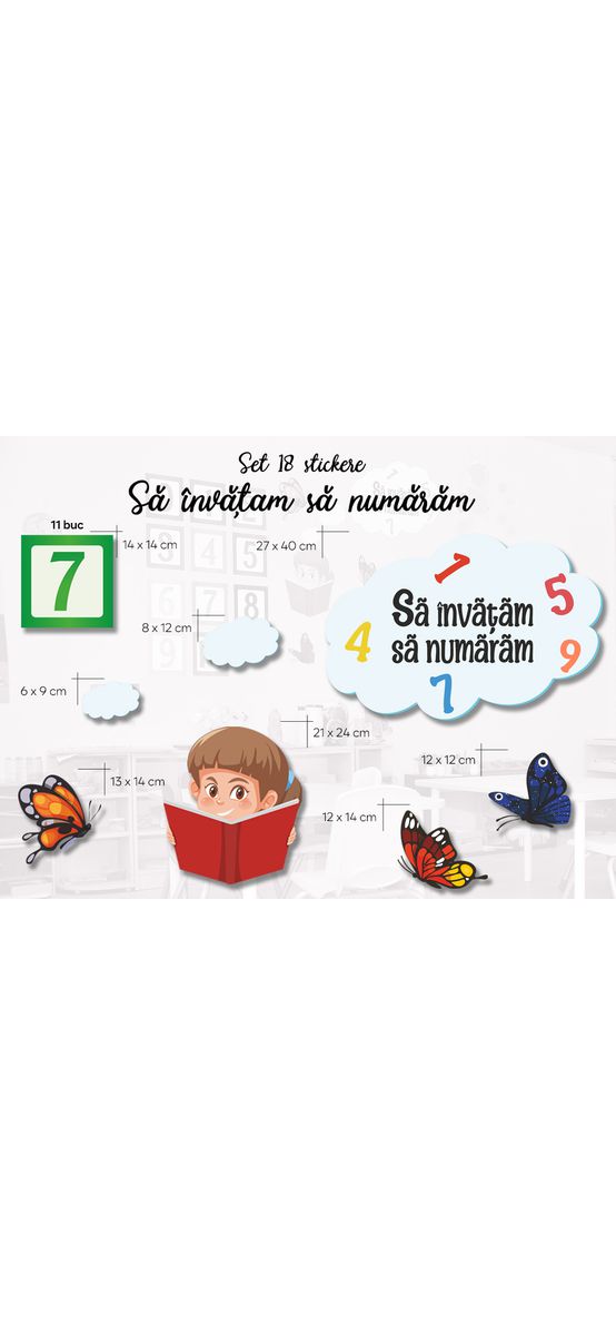 Sticker educativ Invățăm să numărăm, numere în pătrate, decorațiune pentru școli și grădinițe, planșă de100x65 cm, racletă inclusă