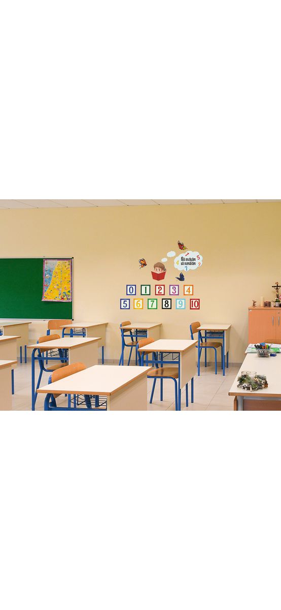 Sticker educativ Invățăm să numărăm, numere în pătrate, decorațiune pentru școli și grădinițe, planșă de100x65 cm, racletă inclusă