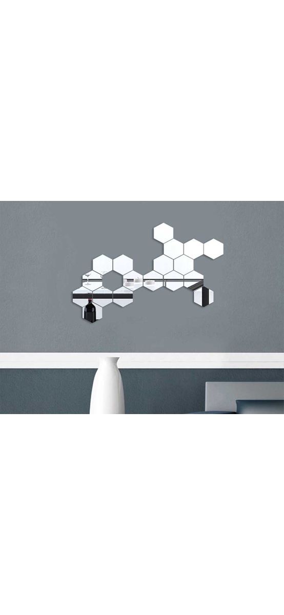 Set 3 stickere oglindă Hexagon, Folina, decoraţiune din oglindă acrilică argintie, 28x24 cm