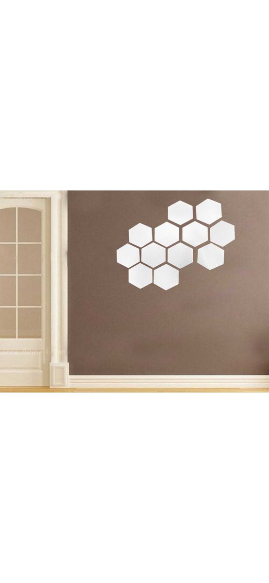 Set 3 stickere oglindă Hexagon, Folina, decoraţiune din oglindă acrilică argintie, 28x24 cm