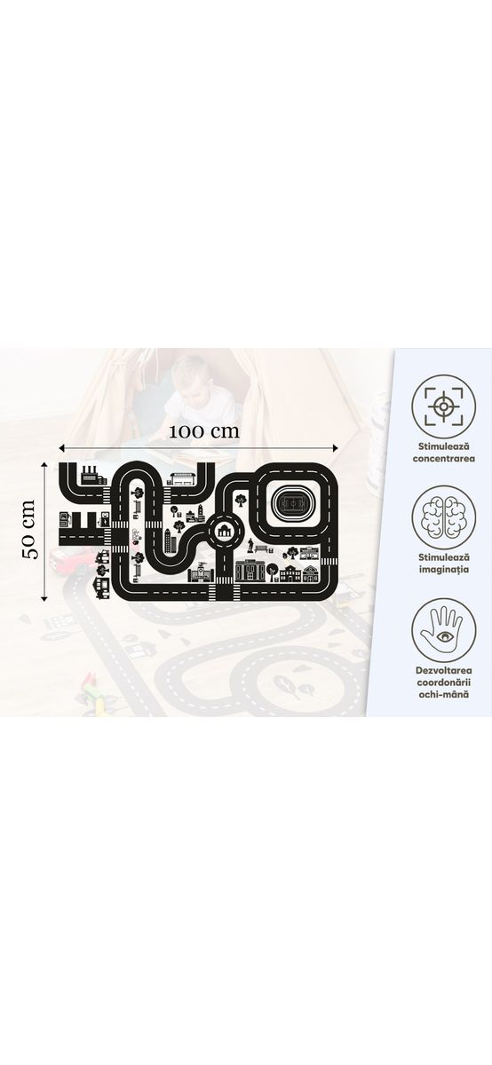 Sticker pentru podea sub formă de joc cu hartă rutieră trafic urban, Folina, 100x50 cm, racletă de aplicare inclusă