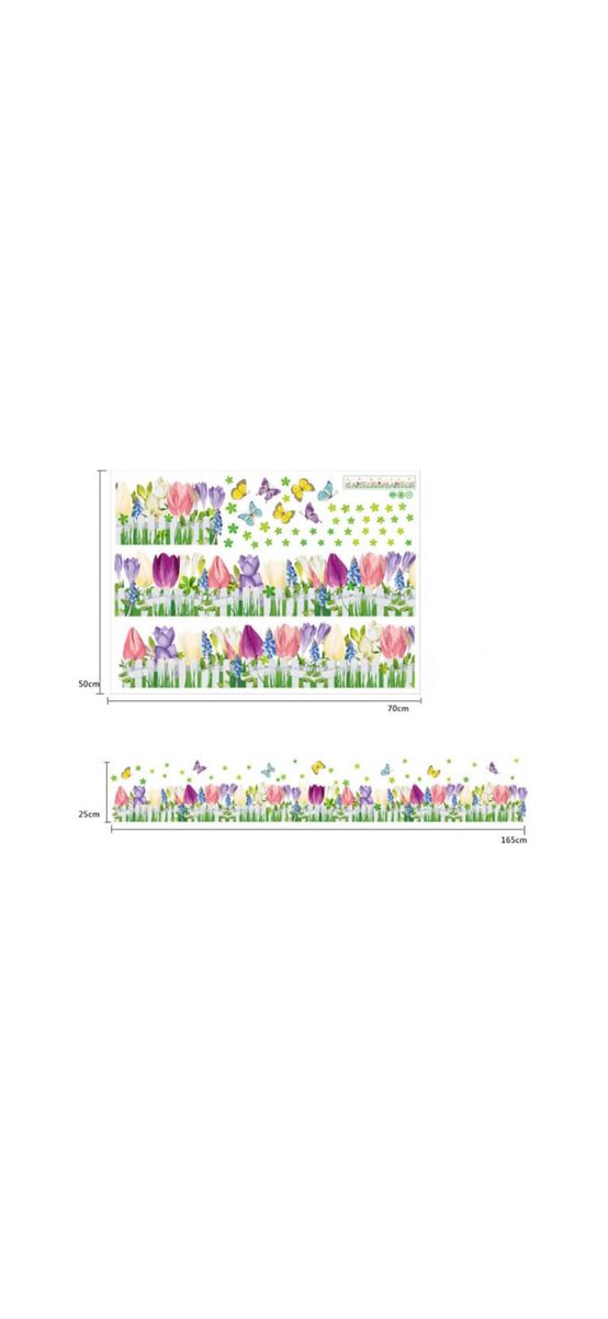 Sticker perete, Folina, bordură autoadezivă, model gard cu flori colorate, 25x165 cm