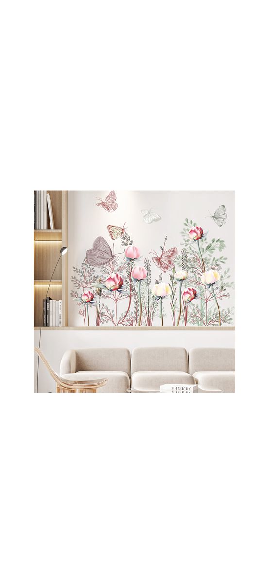 Sticker tip bordură decorativă cu flori de câmp şi fluturi, pentru perete sau geam, 70x85 cm