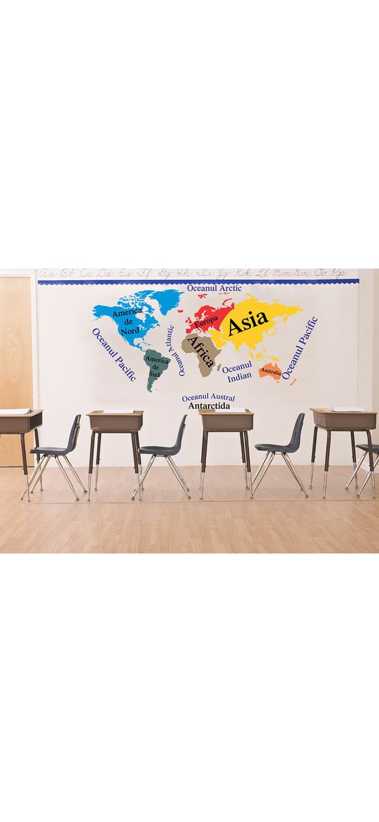 Sticker Harta lumii, Folina, continente şi oceane, multicolor, planșă mare de 120x220 cm, racletă de aplicare inclusă