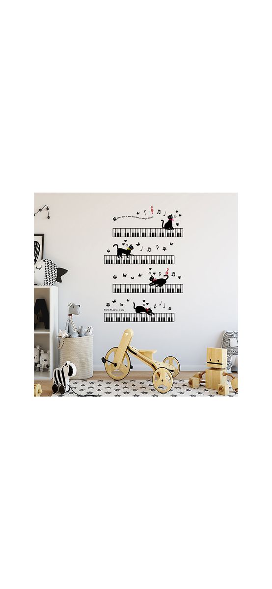 Sticker perete Muzica, Folina, model cu clape pian şi pisici, planşă de 90x60 cm
