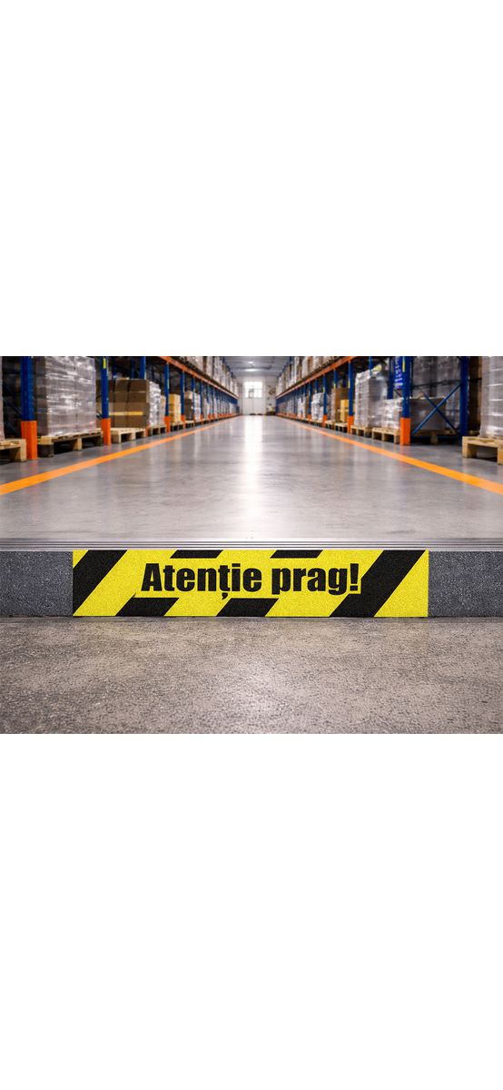 Sticker antiderapant podea „Atenție la prag” 100×30 cm – autocolant avertizare și marcaj podea