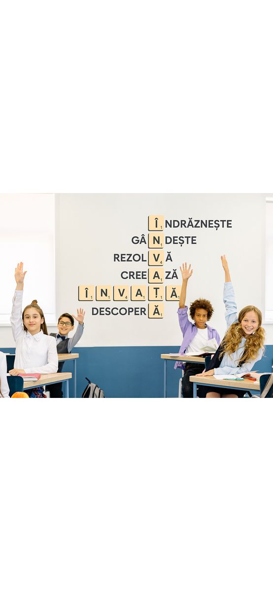 Sticker educațional scrubble cuvinte încrucișate, decorațiune pentru școli, 100x150 cm, racletă de aplicare inclusă