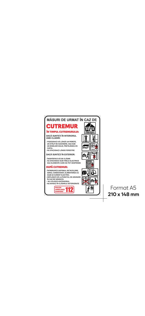 Sticker cu 'Măsuri de urmat în caz de cutremur', autocolant, format A5 - 210 x 148 mm
