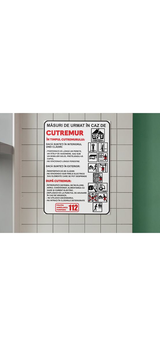 Sticker cu 'Măsuri de urmat în caz de cutremur', autocolant, format A5 - 210 x 148 mm
