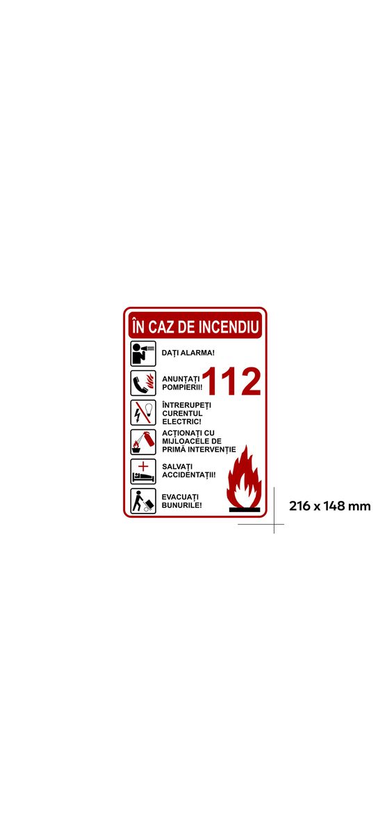 Sticker cu 'Măsuri de urmat în caz de incendiu', autocolant, 216 x 148 mm