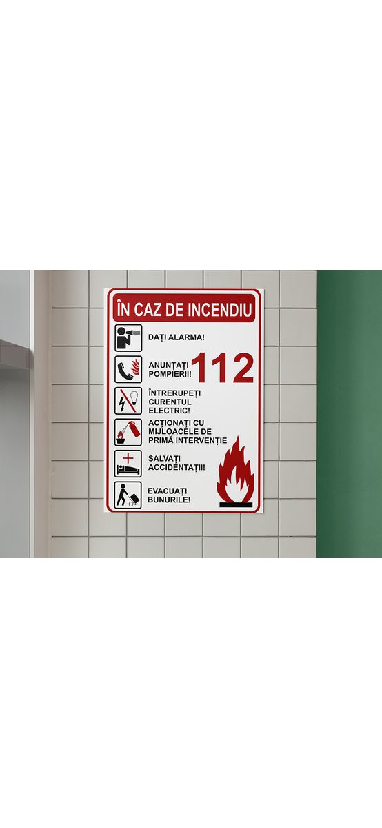 Sticker cu 'Măsuri de urmat în caz de incendiu', autocolant, 216 x 148 mm