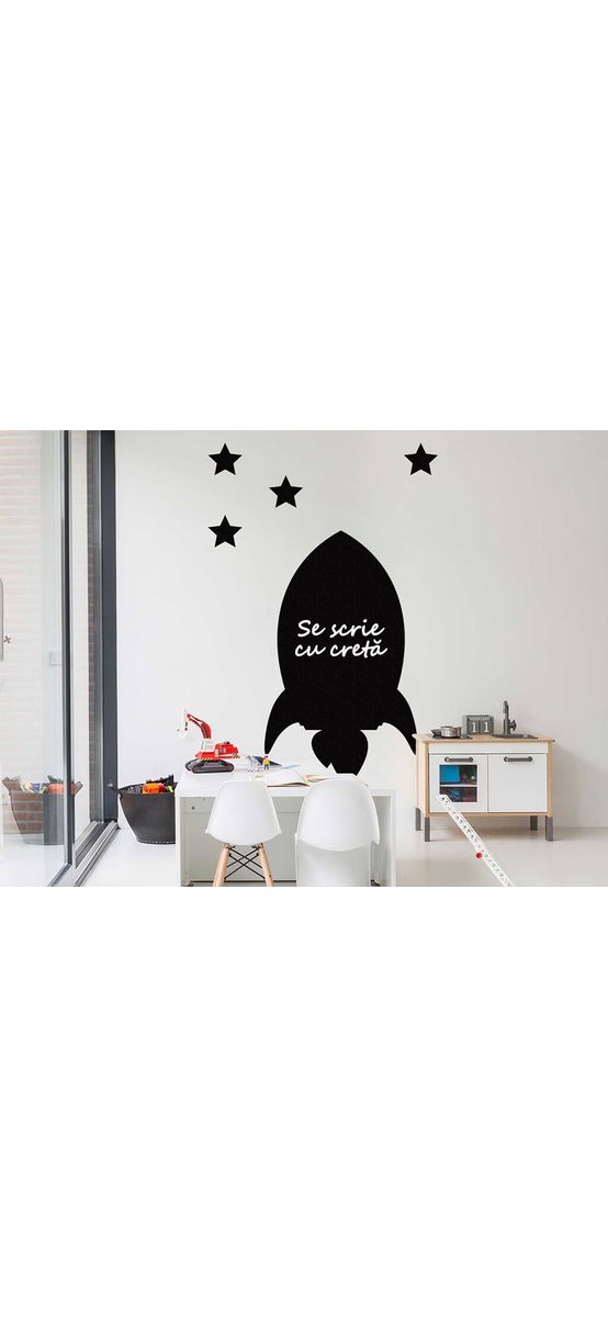 Sticker navă spațială, tip tablă de scris cu cretă, negru, 70x120 cm, racletă de aplicare inclusă.