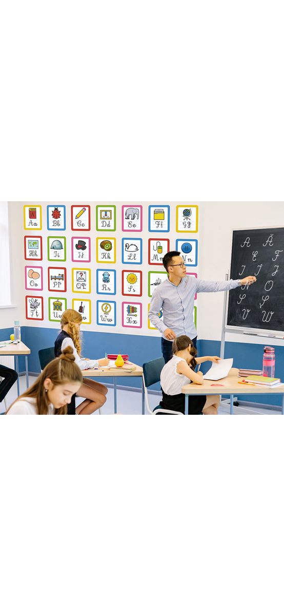 Set autocolant tablă de scris neagră şi stickere alfabet, Folina EDU70, decor pentru grădiniţe şi şcoli