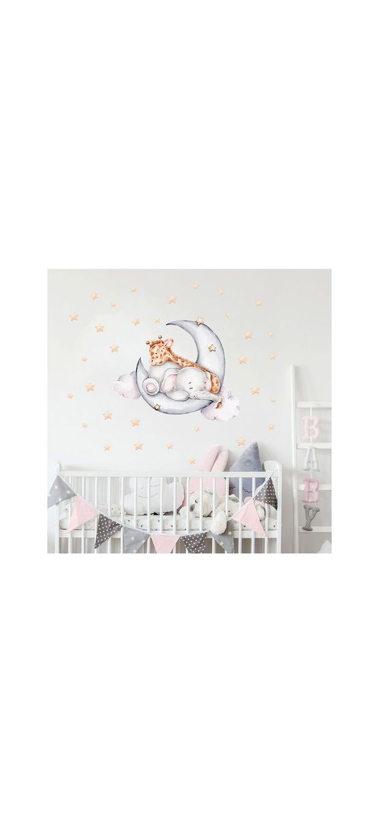 Stickere cameră bebe, girafa şi elefantul somnoros, decor cu lună şi steluţe