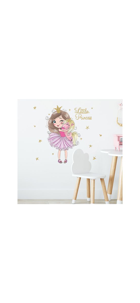 Sticker cameră fete, mica prinţesă cu unicorn roz