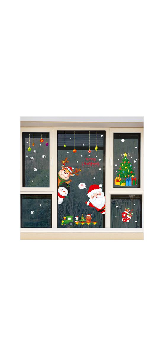 Sticker Crăciun, decor colorat cu Moş Crăciun, ren şi brăduţ