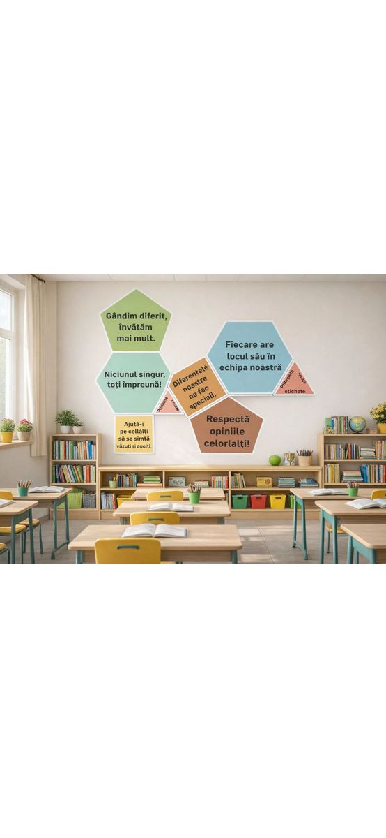 Set 8 stickere educative cu mesaje, Suntem o echipă, pentru decor sală de clasă