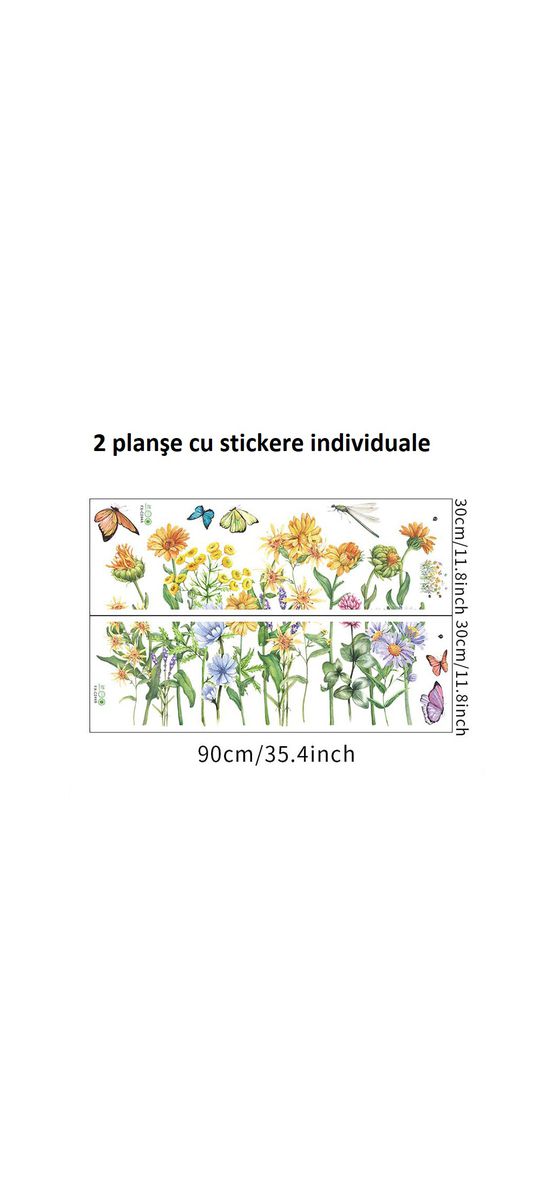 Sticker tip bordură decorativă cu flori de câmp galbene şi fluturi, pentru perete sau geam, 60x85 cm