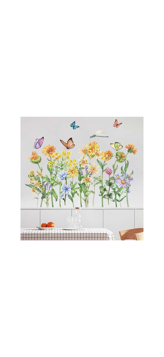 Sticker tip bordură decorativă cu flori de câmp galbene şi fluturi, pentru perete sau geam, 60x85 cm