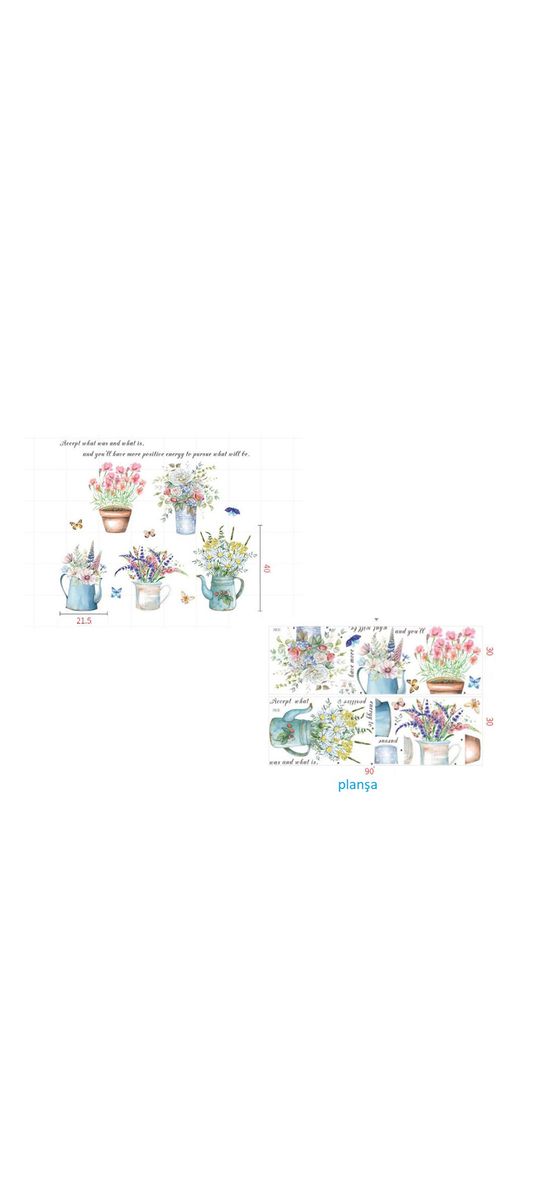 Set 5 stickere Flori în vase colorate, Folina ZDB2255, decor cu flori şi fluturi