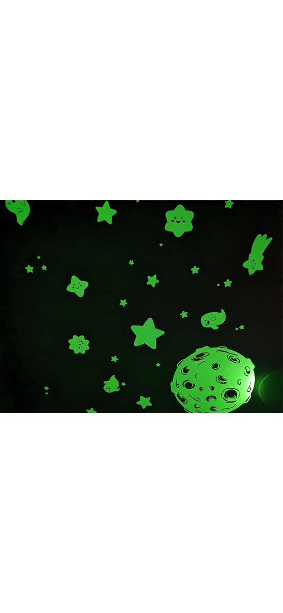 Set 48 stickere fosforescente, Folina, lună şi stele, Glow in the dark, racletă de aplicare inclusă.
