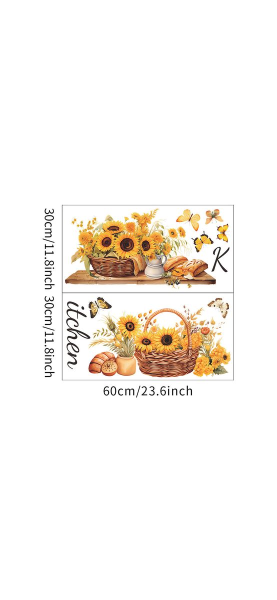 Stickere bucătărie, decor cu floarea soarelui în stil rustic, 2 planşe de 60x30cm