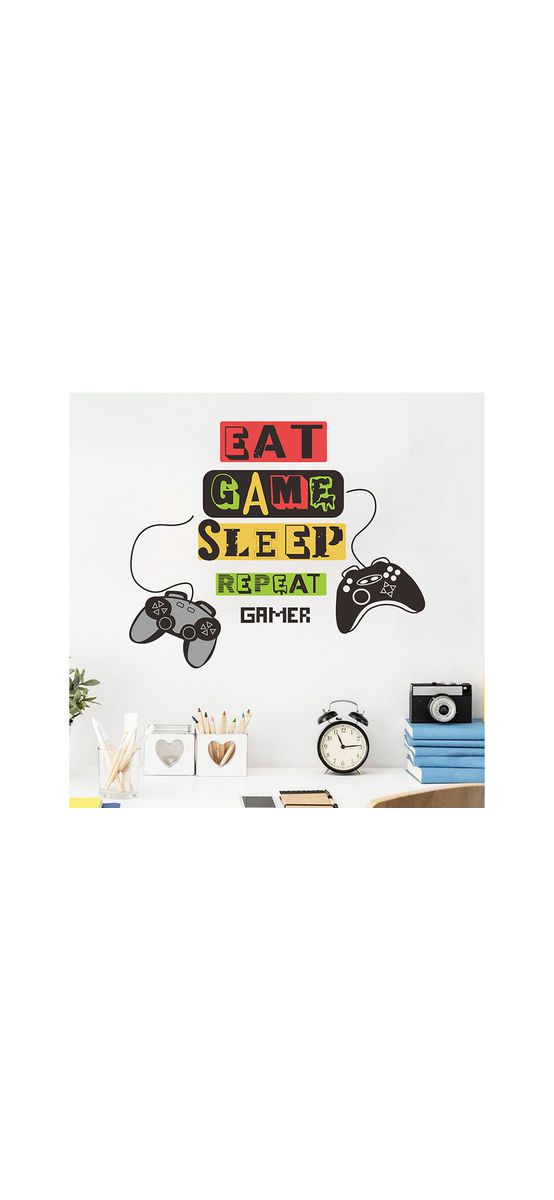 Sticker decorativ Eat, Game, Sleep, Repeat – pentru camere de tineret, spații de joacă, 30x60 cm