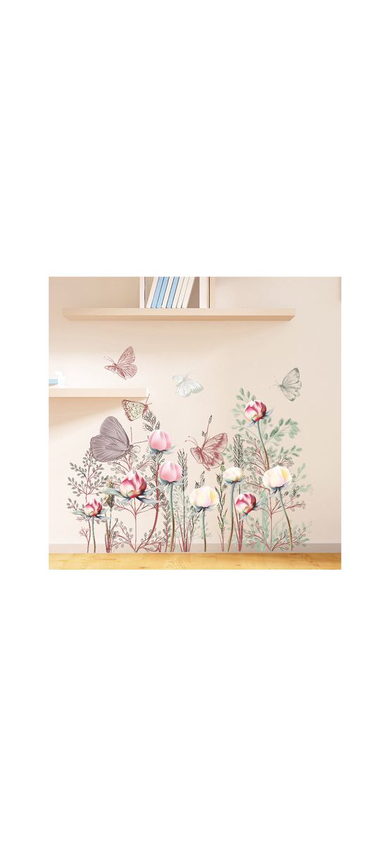 Sticker tip bordură decorativă cu flori de câmp şi fluturi, pentru perete sau geam, 70x85 cm