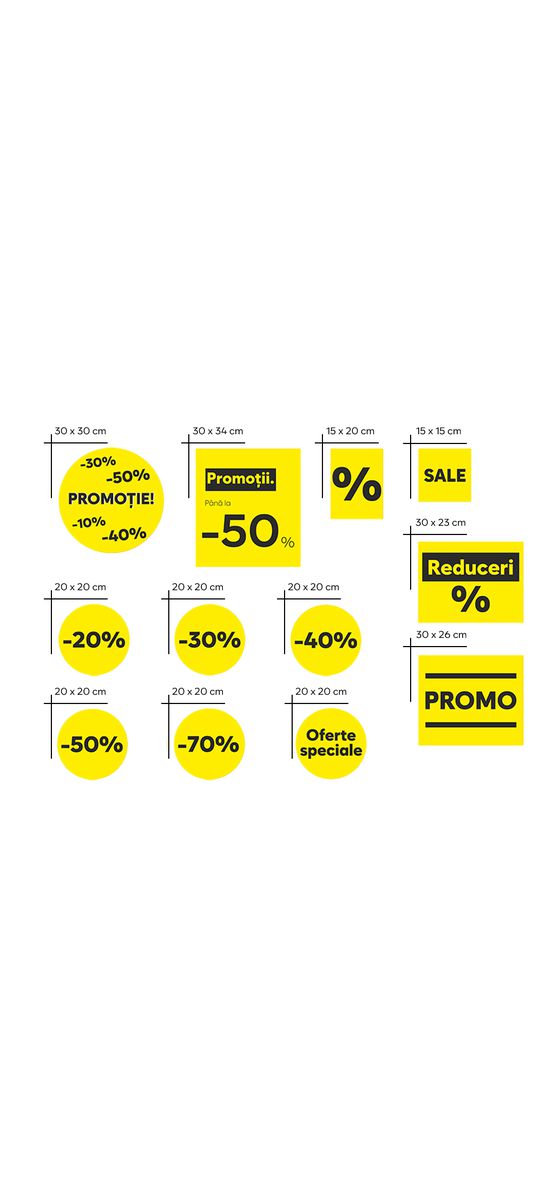 Set 12 stickere repoziționabile pentru reduceri promoționale, culoare galbenă, Folina, racletă aplicare inclusă