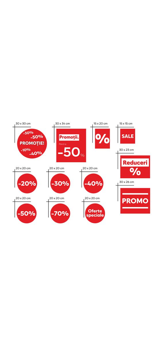 Set 12 stickere repoziționabile pentru reduceri promoționale, culoare roșie, Folina, racletă aplicare inclusă