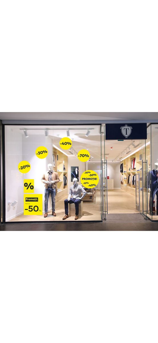 Set 12 stickere repoziționabile pentru reduceri promoționale, culoare galbenă, Folina, racletă aplicare inclusă