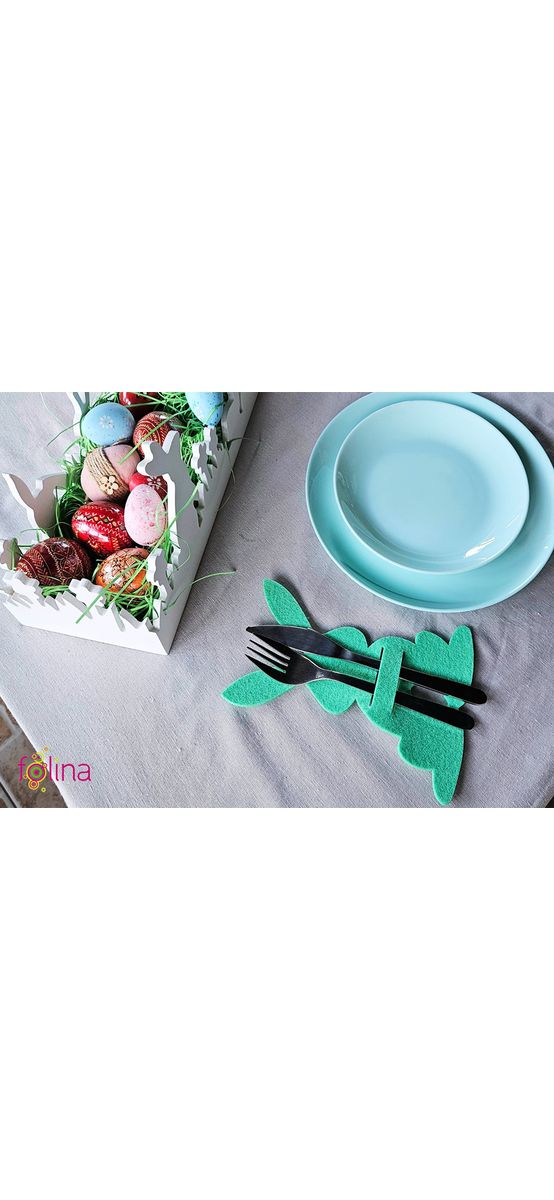 Suport decorativ pentru tacâmuri, iepuraşi din pâslă verde, set 4 bucăţi