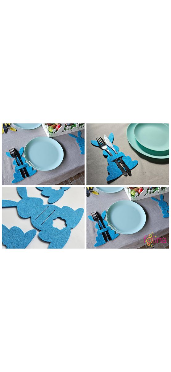 Suport decorativ pentru tacâmuri, iepuraşi din pâslă albastră, set 4 bucăţi