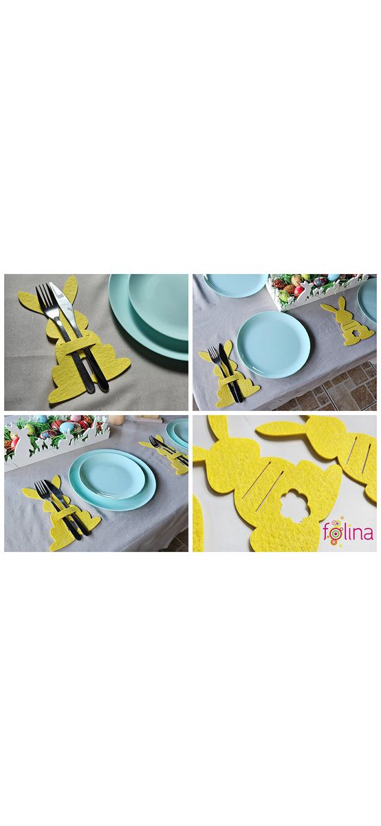 Suport decorativ pentru tacâmuri, iepuraşi din pâslă galbenă, set 4 bucăţi