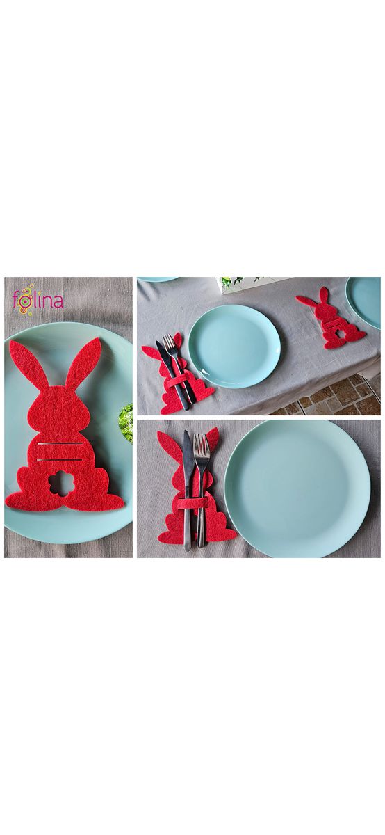 Suport decorativ pentru tacâmuri, iepuraşi din pâslă roşie, set 4 bucăţi