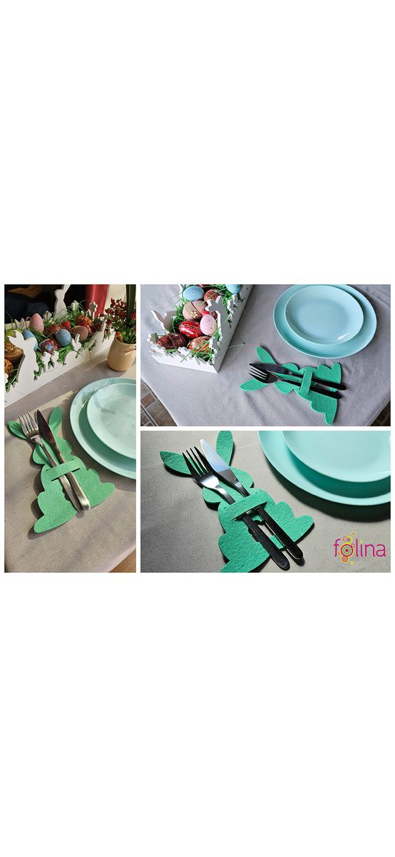 Suport decorativ pentru tacâmuri, iepuraşi din pâslă verde, set 4 bucăţi